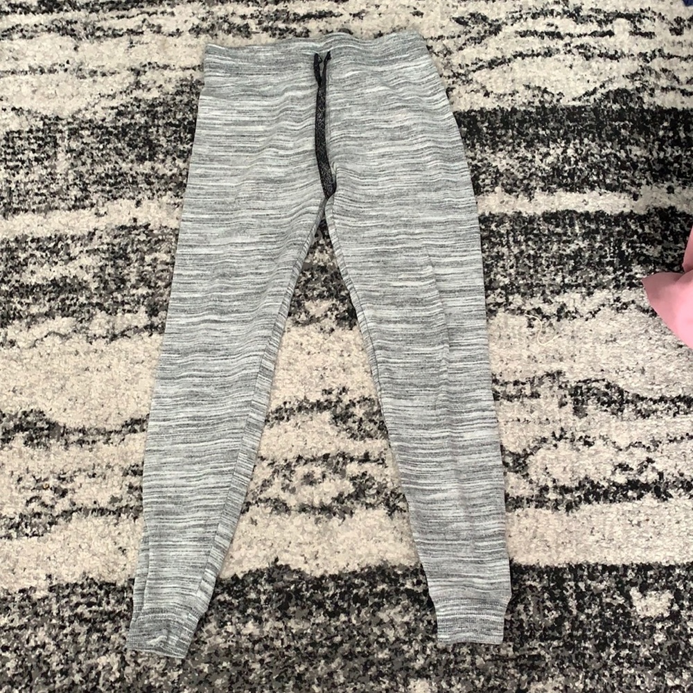 Gray and white joggers.